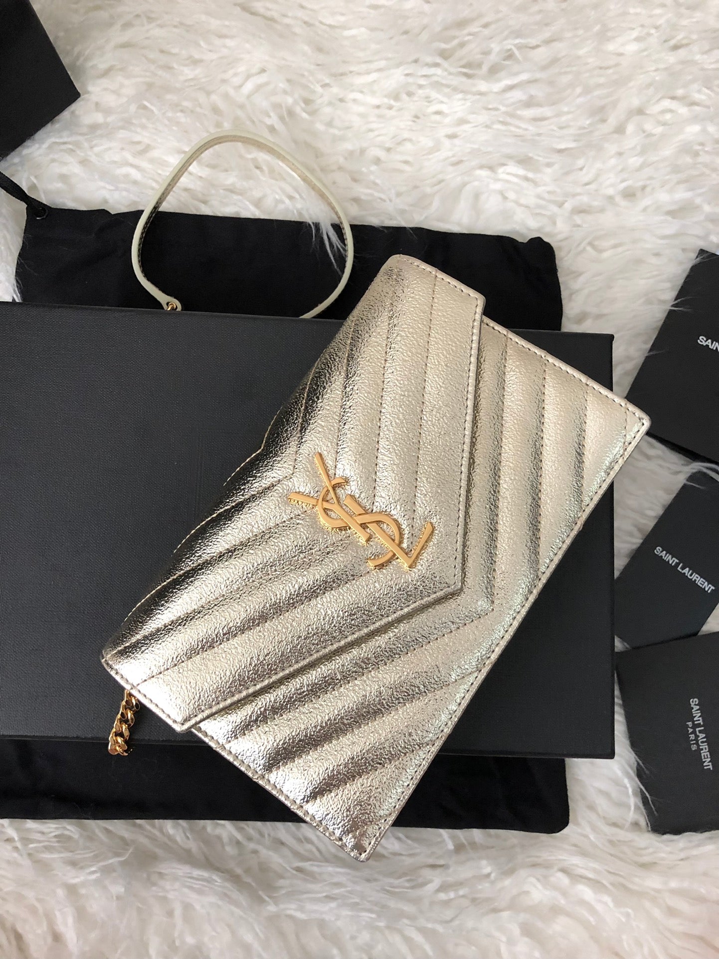 Saint Laurent Cassandre Matelassé Wallet on Chain in Gold Quilted Leather