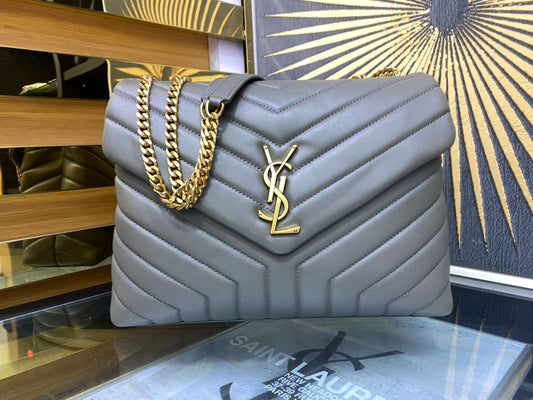 Saint Laurent Loulou Medium Quilted Leather Shoulder Bag - Grey with Gold Hardware