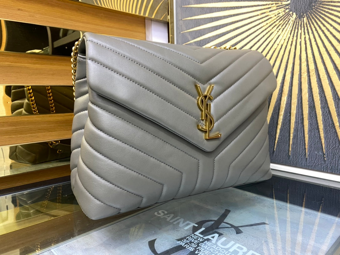 Saint Laurent Loulou Medium Quilted Leather Shoulder Bag - Grey with Gold Hardware