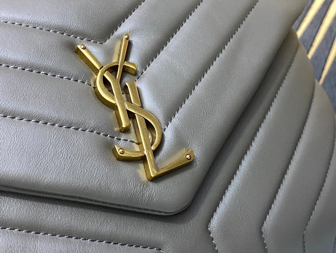 Saint Laurent Loulou Medium Quilted Leather Shoulder Bag - Grey with Gold Hardware