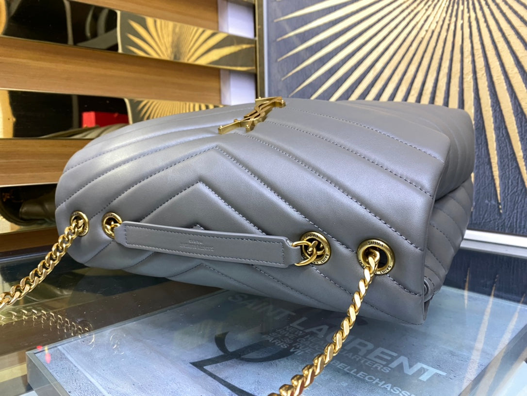 Saint Laurent Loulou Medium Quilted Leather Shoulder Bag - Grey with Gold Hardware