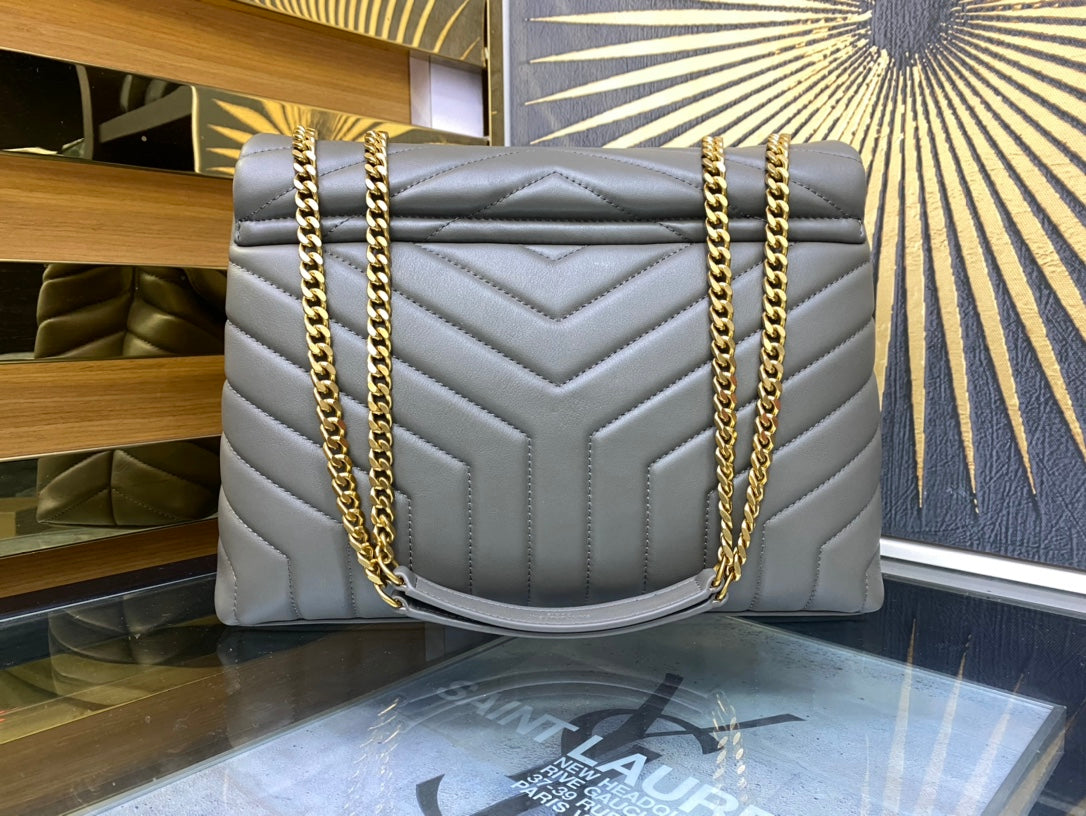 Saint Laurent Loulou Medium Quilted Leather Shoulder Bag - Grey with Gold Hardware