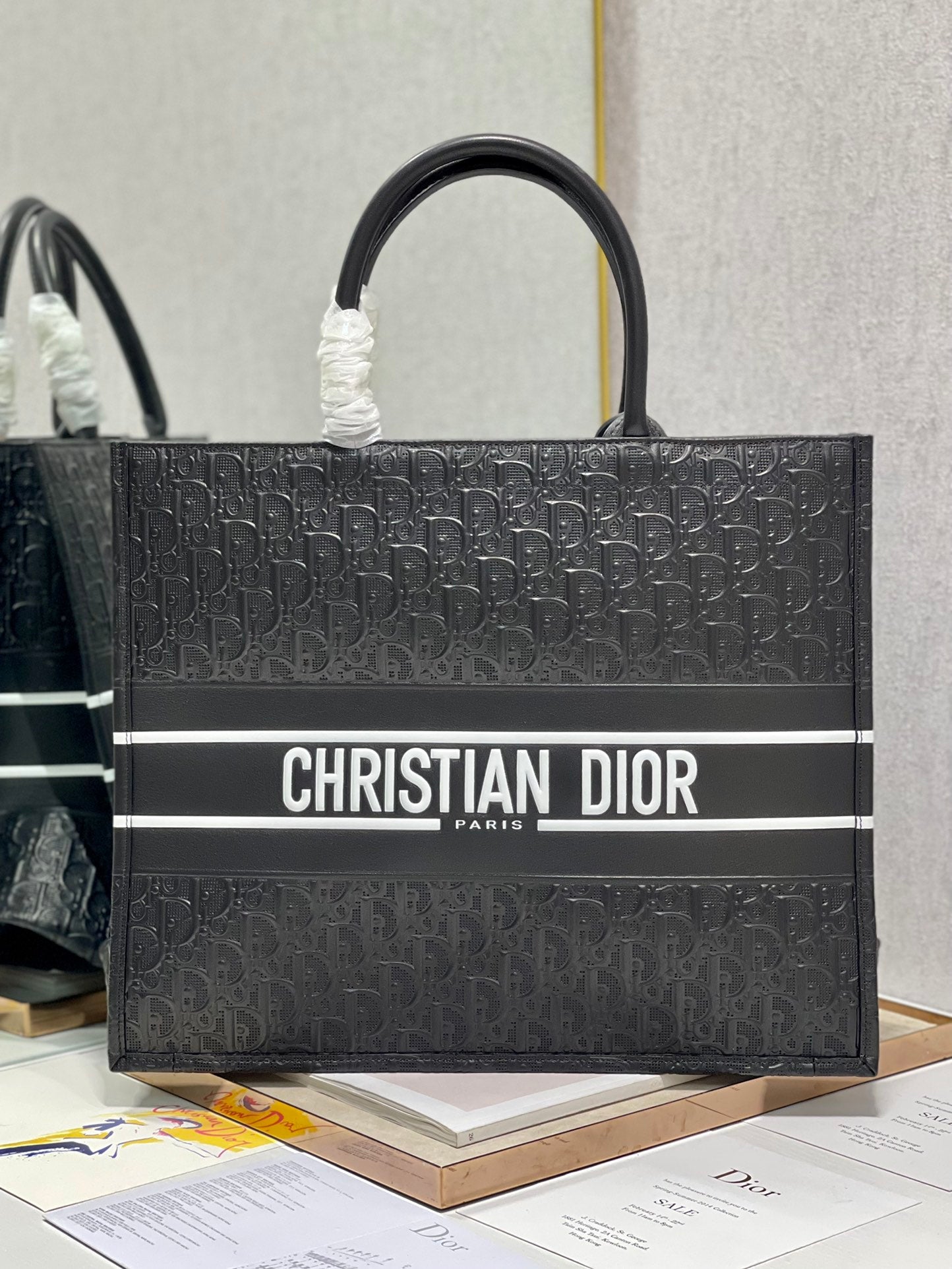 Dior Structured Black Monogram Embossed Tote Bag with Handles