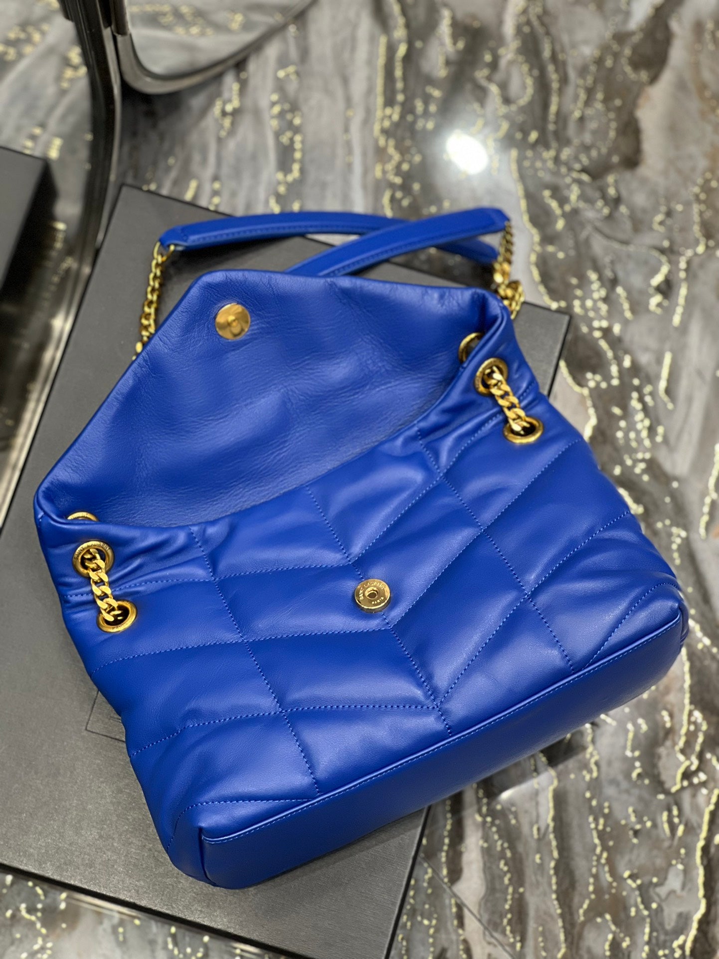 Saint Laurent Loulou Puffer Small Bag in Blue Quilted Leather with Gold Hardware