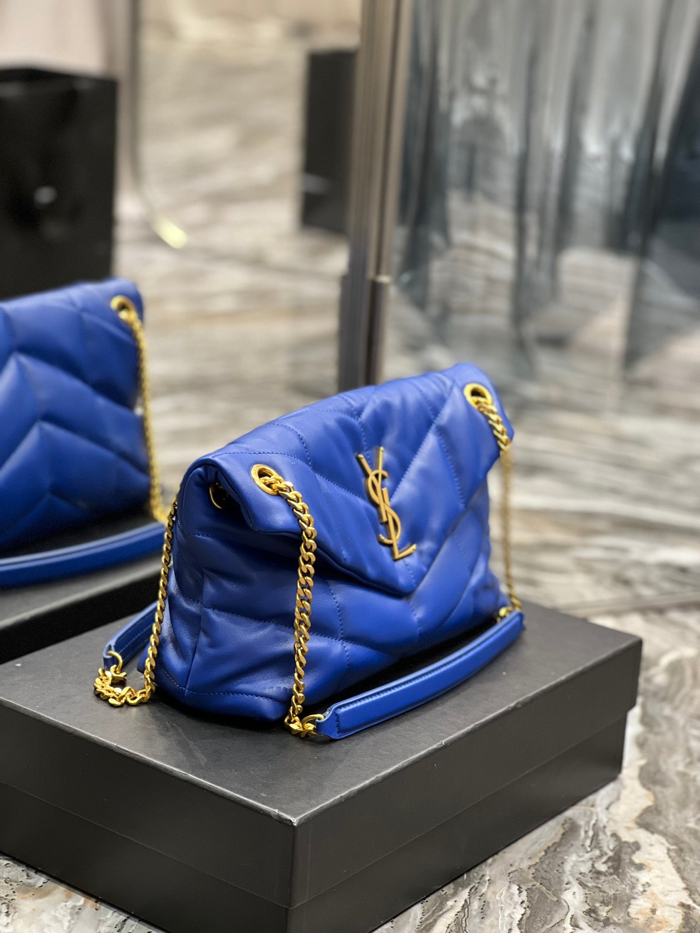 Saint Laurent Loulou Puffer Small Bag in Blue Quilted Leather with Gold Hardware