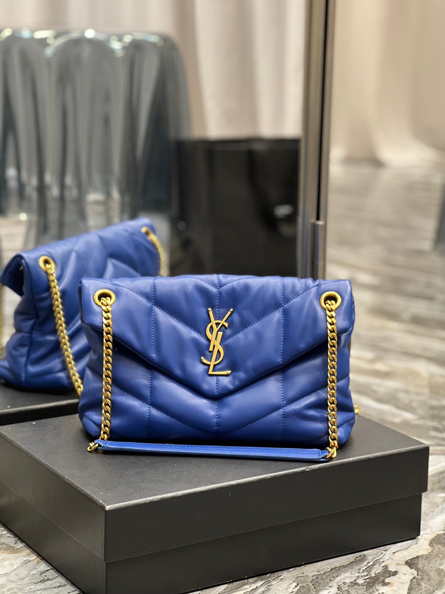 Saint Laurent Loulou Puffer Small Bag in Blue Quilted Leather with Gold Hardware