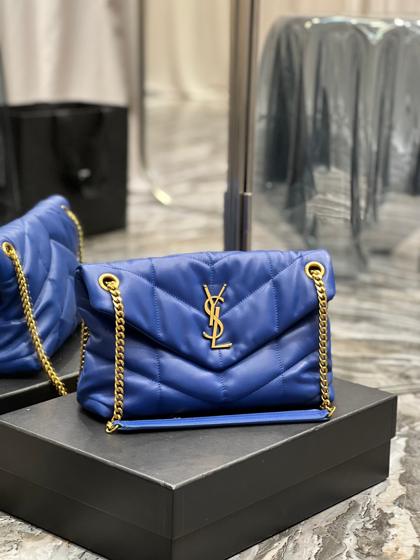 Saint Laurent Loulou Puffer Small Bag in Blue Quilted Leather with Gold Hardware
