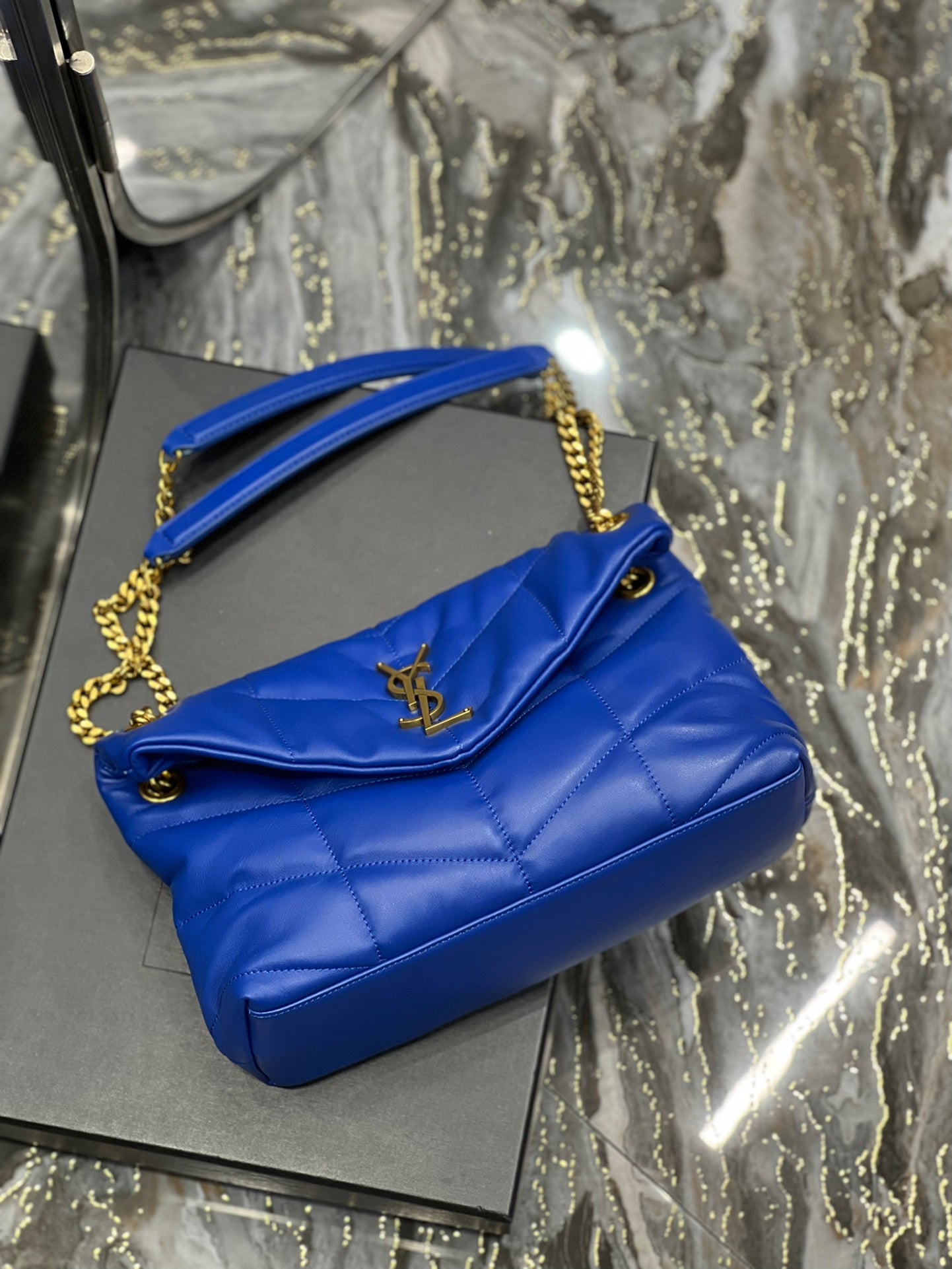 Saint Laurent Loulou Puffer Small Bag in Blue Quilted Leather with Gold Hardware