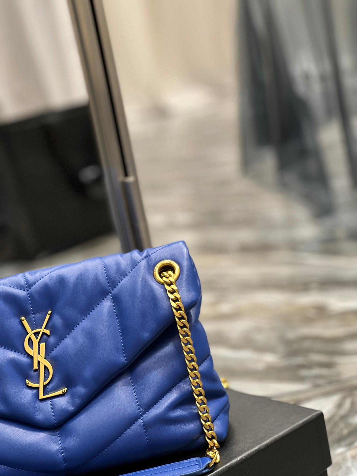 Saint Laurent Loulou Puffer Small Bag in Blue Quilted Leather with Gold Hardware