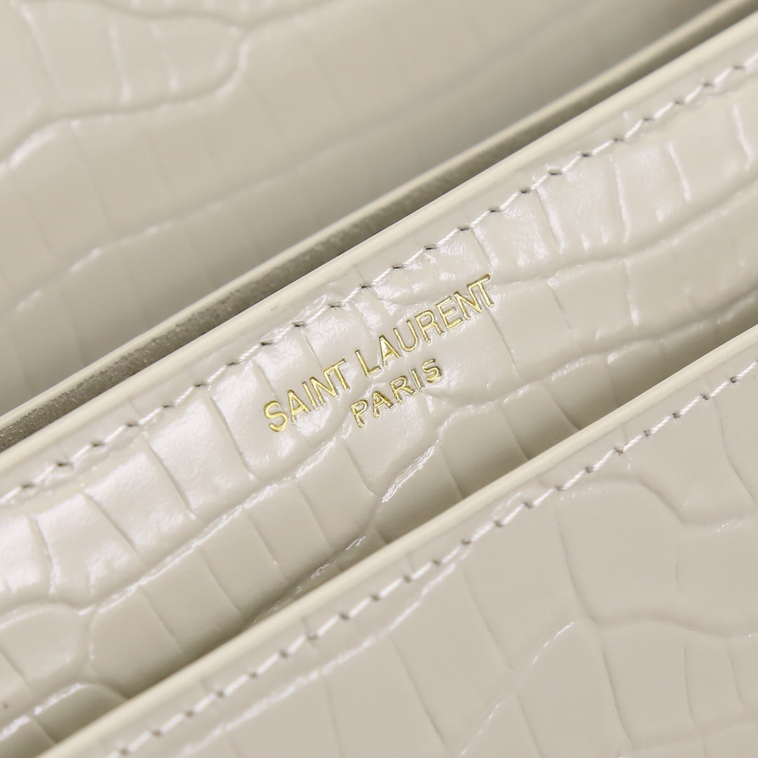 Saint Laurent Monogram Sunset Croc-Embossed Leather Chain Bag - White