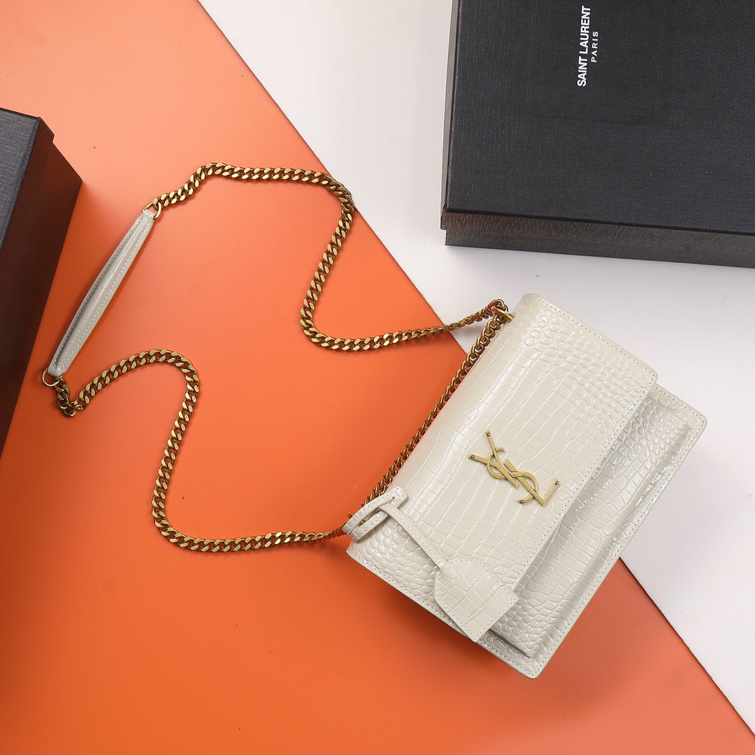 Saint Laurent Monogram Sunset Croc-Embossed Leather Chain Bag - White