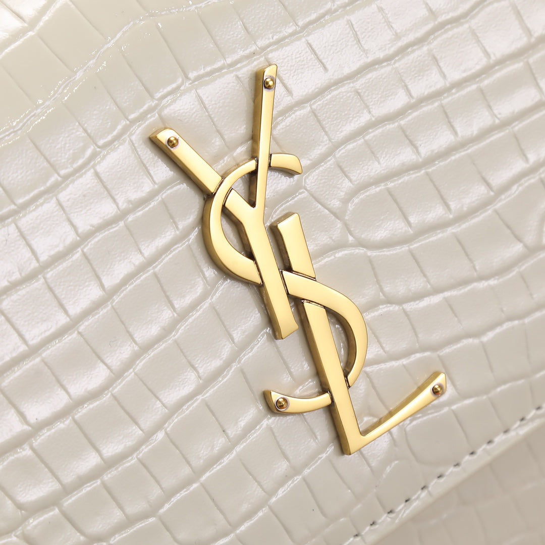 Saint Laurent Monogram Sunset Croc-Embossed Leather Chain Bag - White