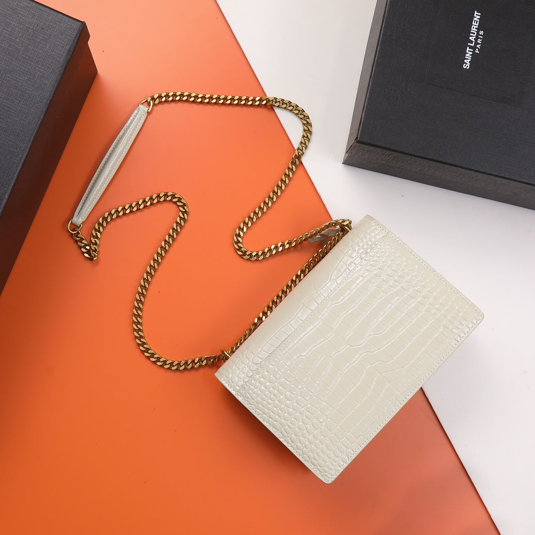 Saint Laurent Monogram Sunset Croc-Embossed Leather Chain Bag - White