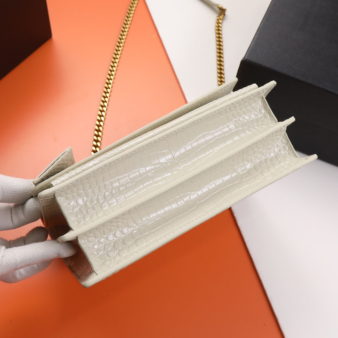 Saint Laurent Monogram Sunset Croc-Embossed Leather Chain Bag - White