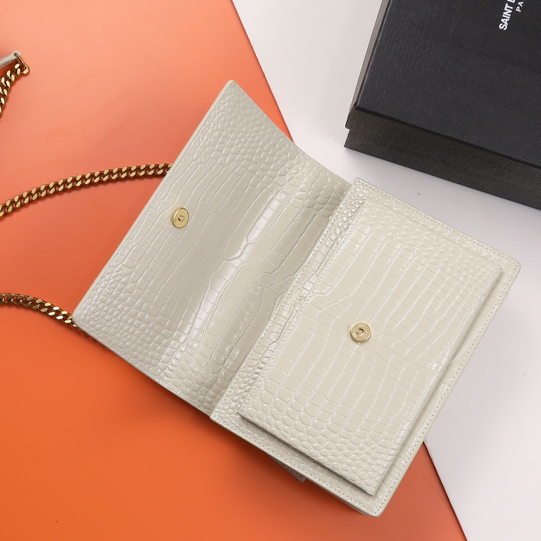 Saint Laurent Monogram Sunset Croc-Embossed Leather Chain Bag - White
