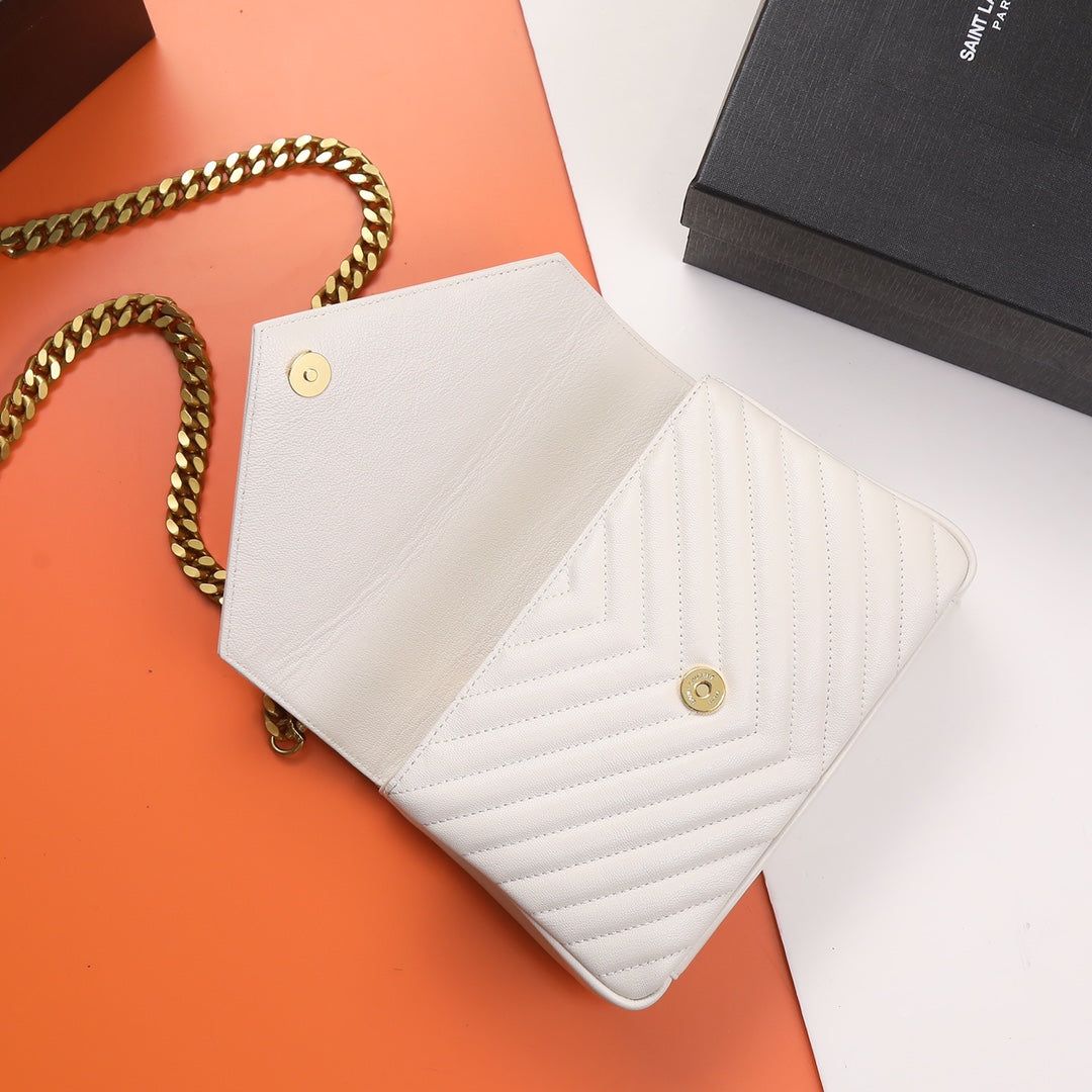 Saint Laurent Monogram Matelassé Small Envelope Wallet on Chain in White Leather with Gold Hardware