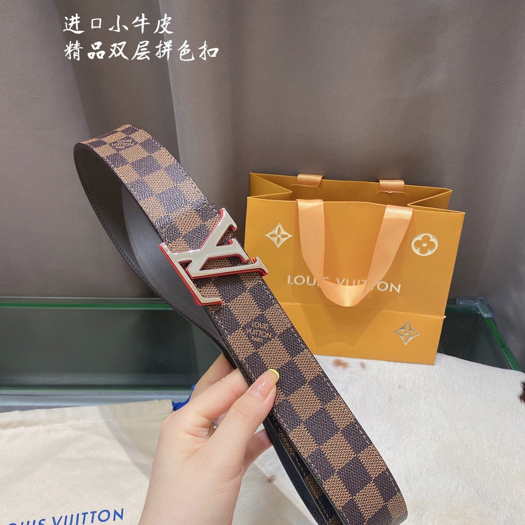 Louis Vuitton Damier Ebene Belt with LV Initial Buckle, Brown Coated Canvas, Calfskin Leather, Luxury Designer Men's Accessory