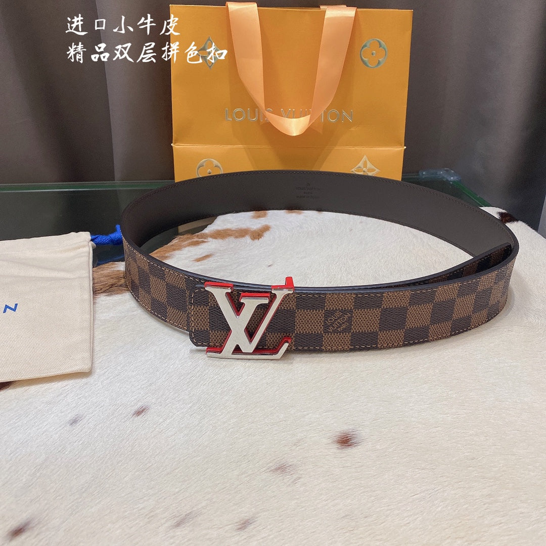 Louis Vuitton Damier Ebene Belt with LV Initial Buckle, Brown Coated Canvas, Calfskin Leather, Luxury Designer Men's Accessory