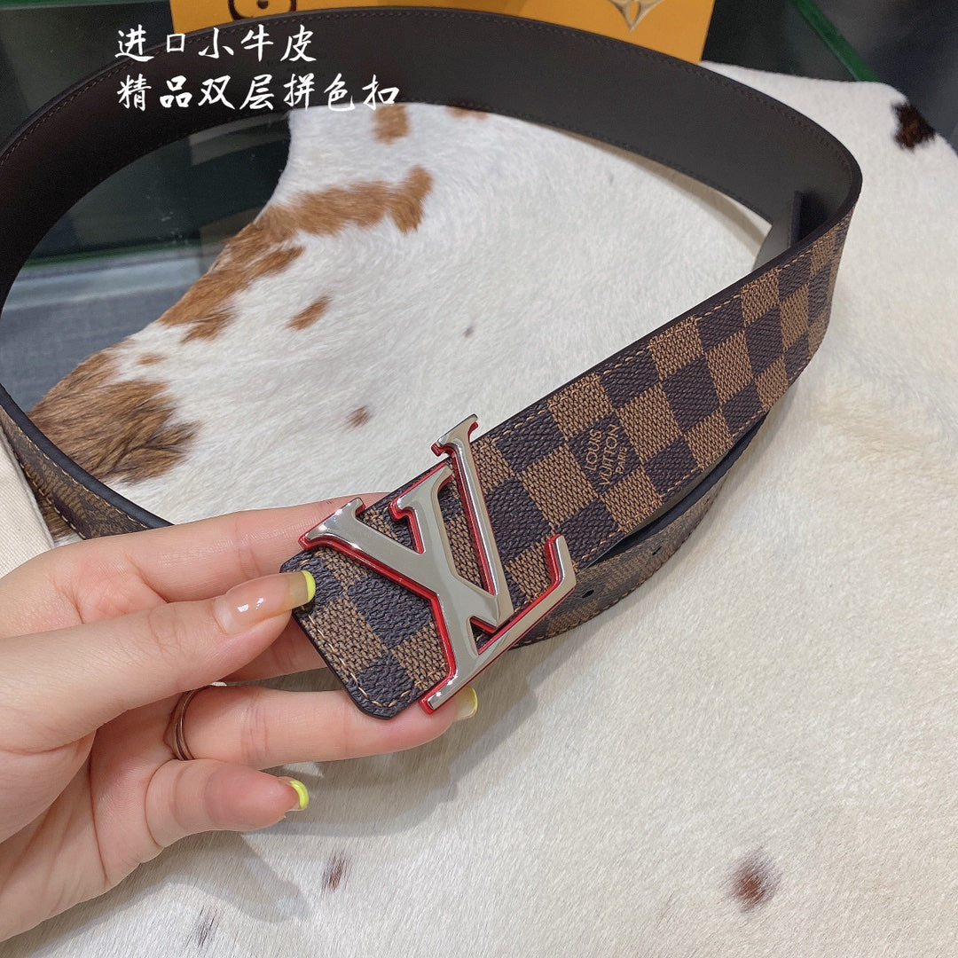 Louis Vuitton Damier Ebene Belt with LV Initial Buckle, Brown Coated Canvas, Calfskin Leather, Luxury Designer Men's Accessory
