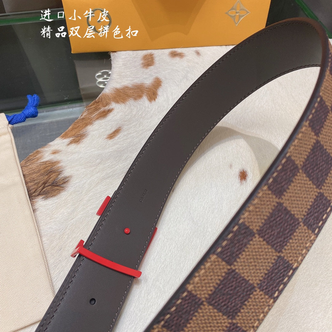 Louis Vuitton Damier Ebene Belt with LV Initial Buckle, Brown Coated Canvas, Calfskin Leather, Luxury Designer Men's Accessory
