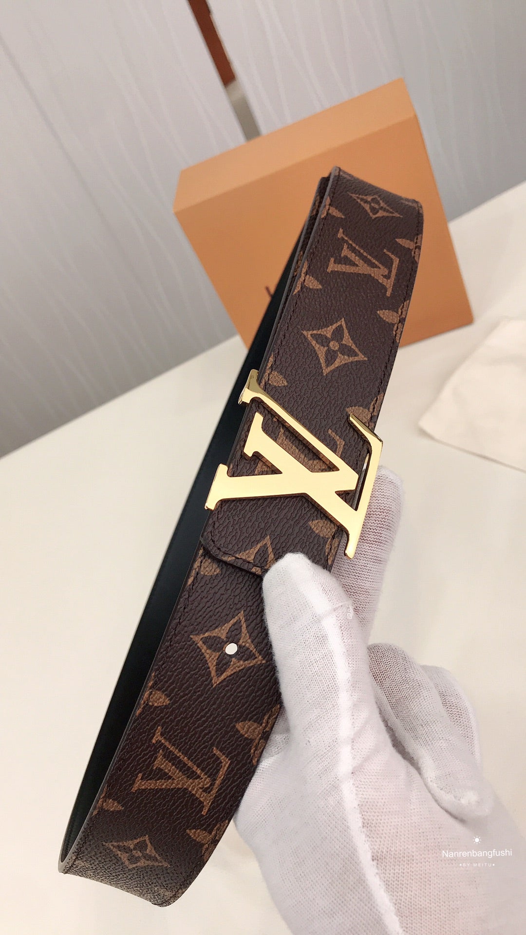 Louis Vuitton Monogram Canvas Belt with Gold LV Initials Buckle, Brown