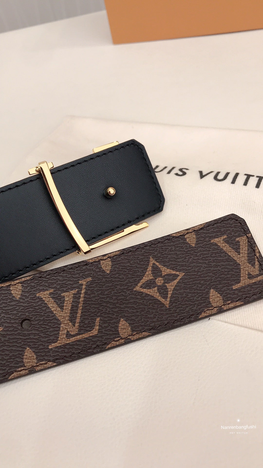 Louis Vuitton Monogram Canvas Belt with Gold LV Initials Buckle, Brown