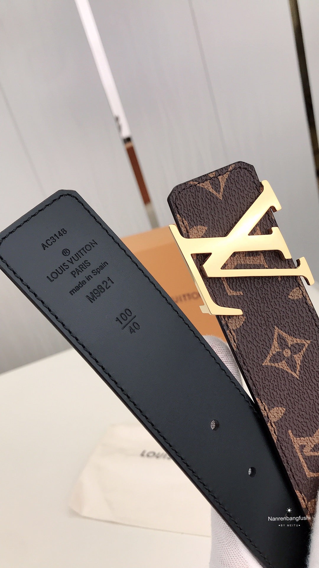 Louis Vuitton Monogram Canvas Belt with Gold LV Initials Buckle, Brown