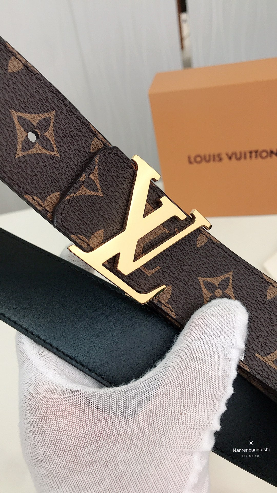 Louis Vuitton Monogram Canvas Belt with Gold LV Initials Buckle, Brown