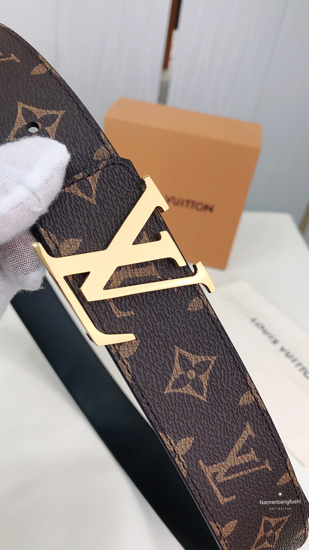 Louis Vuitton Monogram Canvas Belt with Gold LV Initials Buckle, Brown