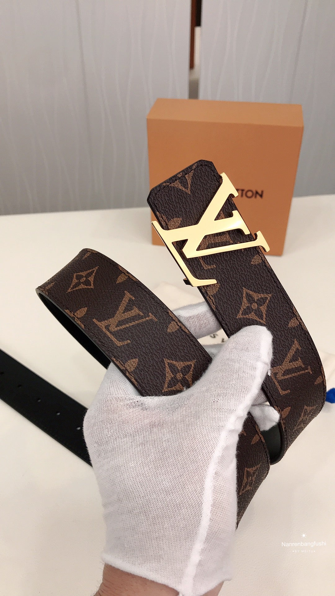 Louis Vuitton Monogram Canvas Belt with Gold LV Initials Buckle, Brown