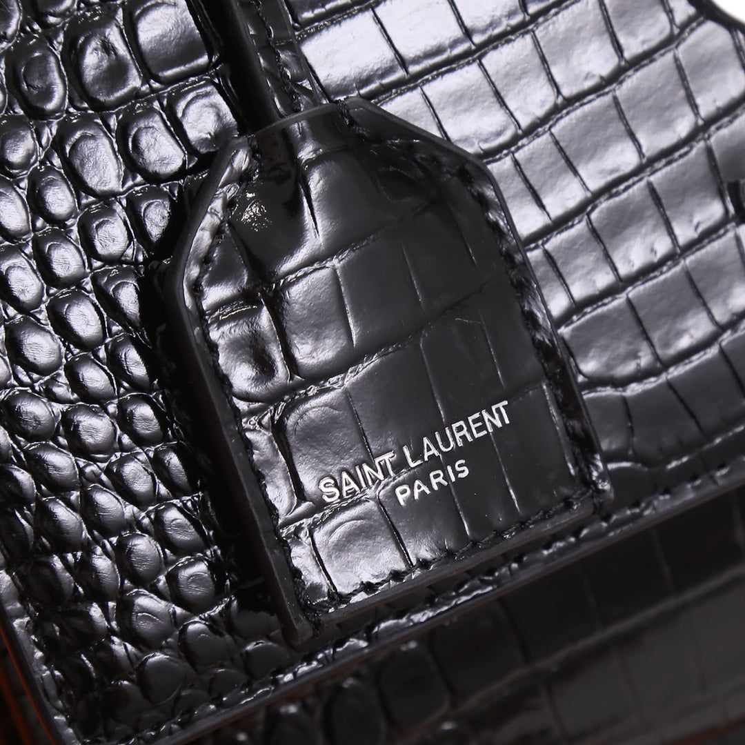 Saint Laurent Sunset Monogram Leather Chain Wallet - Black Crocodile Embossed