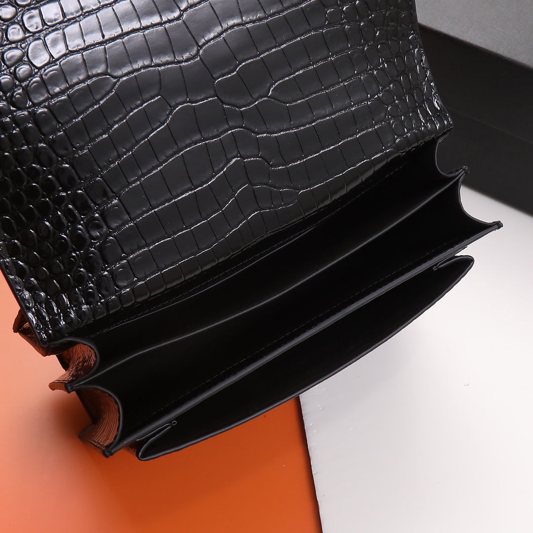 Saint Laurent Sunset Monogram Leather Chain Wallet - Black Crocodile Embossed