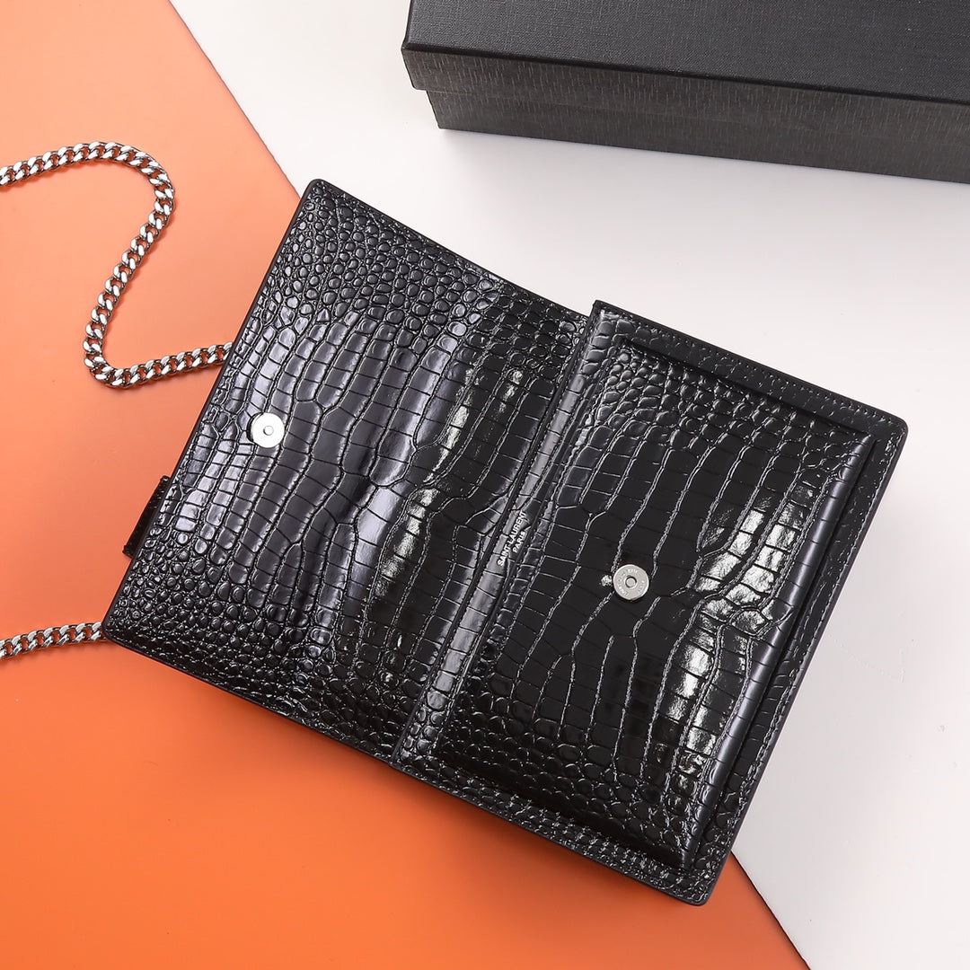 Saint Laurent Sunset Monogram Leather Chain Wallet - Black Crocodile Embossed