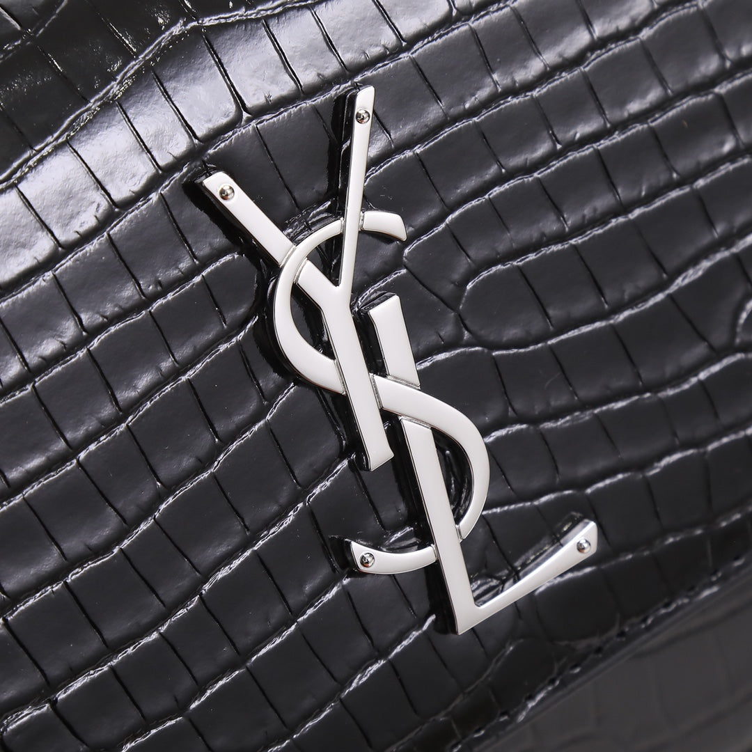 Saint Laurent Sunset Monogram Leather Chain Wallet - Black Crocodile Embossed