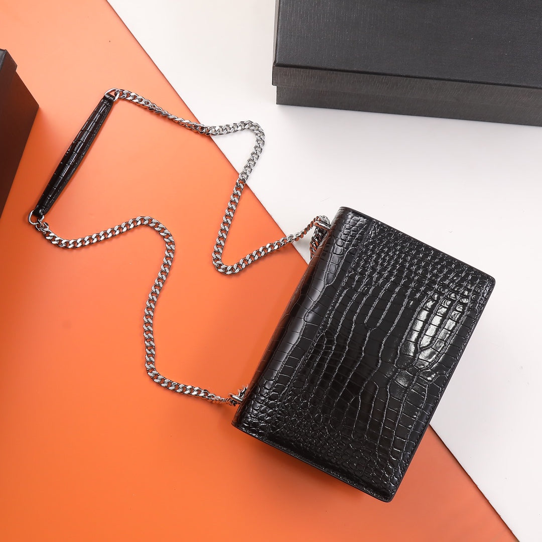 Saint Laurent Sunset Monogram Leather Chain Wallet - Black Crocodile Embossed