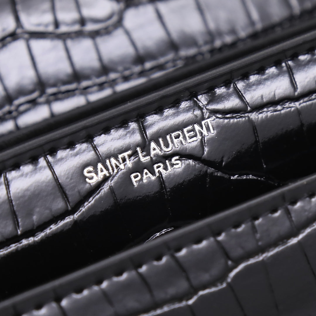 Saint Laurent Sunset Monogram Leather Chain Wallet - Black Crocodile Embossed