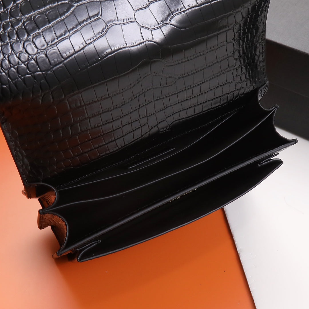 Saint Laurent Sunset Medium Shoulder Bag in Crocodile-Embossed Leather - Black