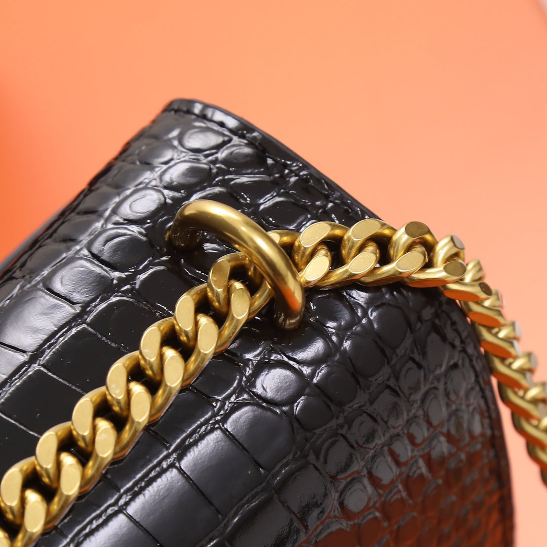Saint Laurent Sunset Medium Shoulder Bag in Crocodile-Embossed Leather - Black