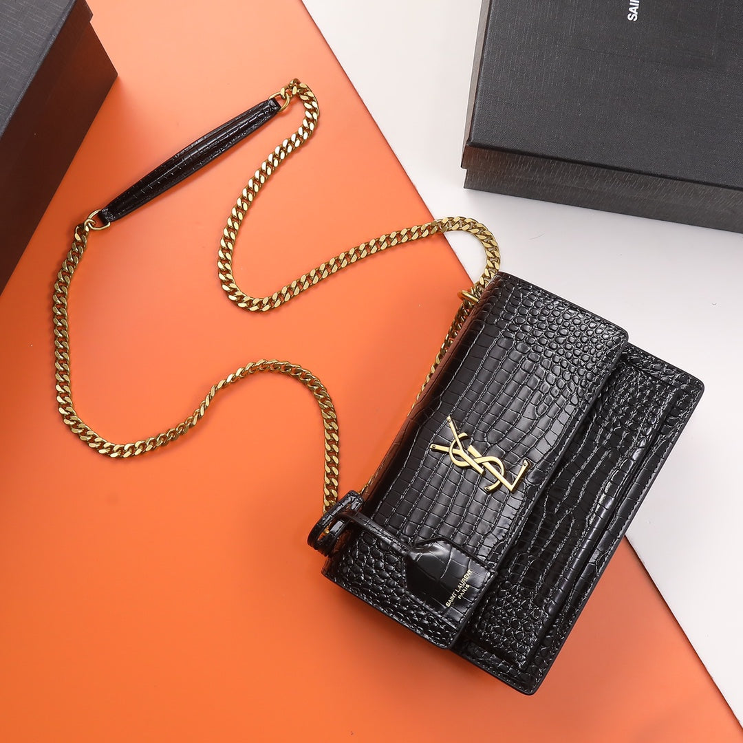 Saint Laurent Sunset Medium Shoulder Bag in Crocodile-Embossed Leather - Black
