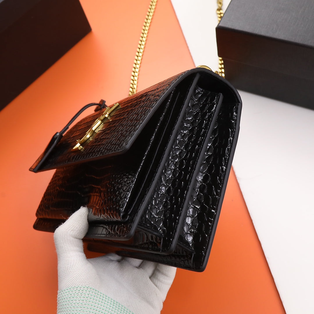 Saint Laurent Sunset Medium Shoulder Bag in Crocodile-Embossed Leather - Black