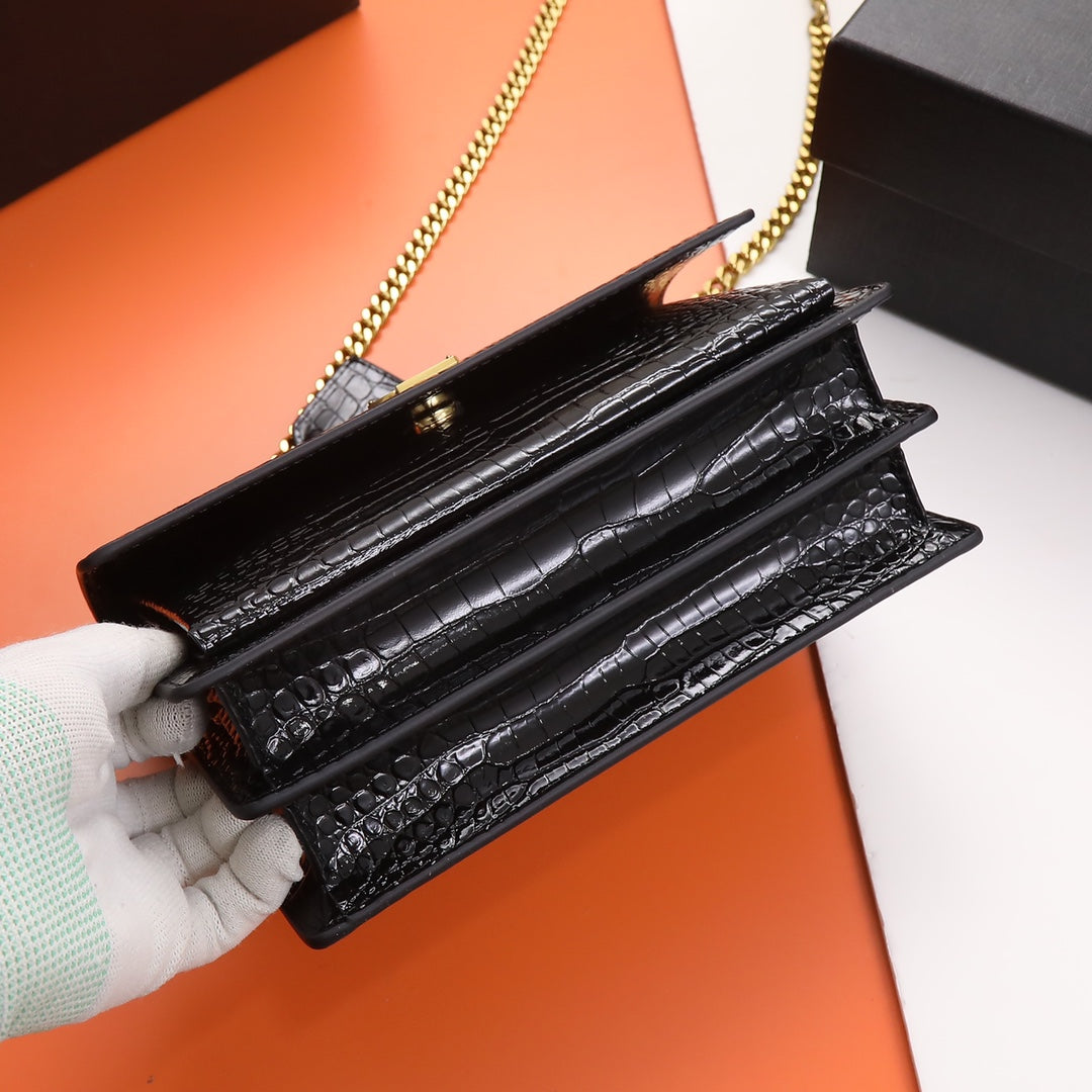 Saint Laurent Sunset Medium Shoulder Bag in Crocodile-Embossed Leather - Black
