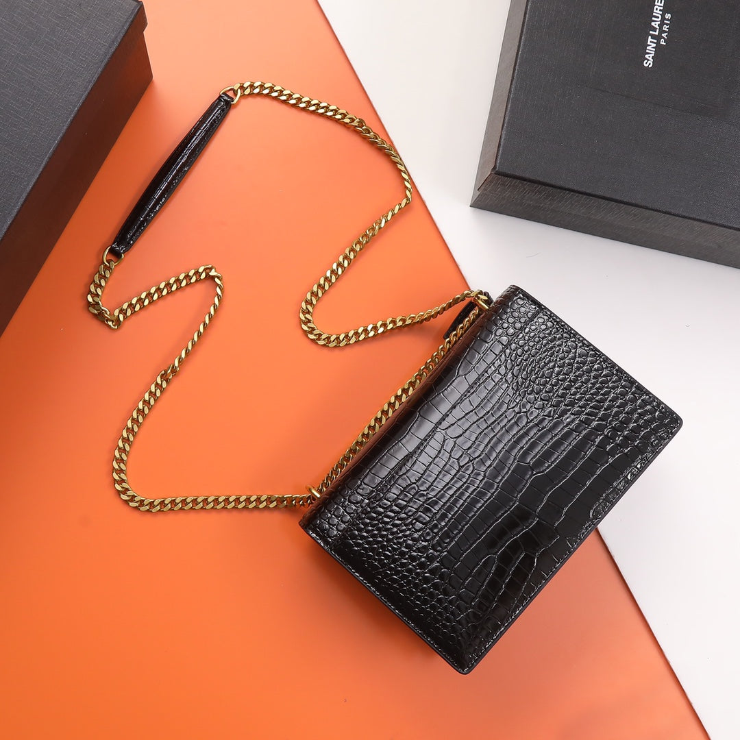 Saint Laurent Sunset Medium Shoulder Bag in Crocodile-Embossed Leather - Black