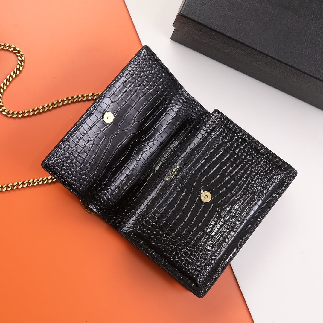 Saint Laurent Sunset Medium Shoulder Bag in Crocodile-Embossed Leather - Black