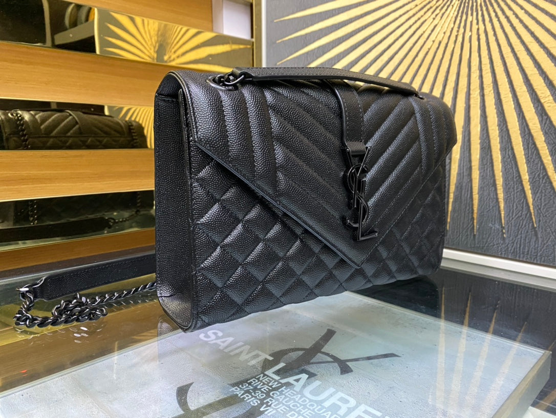 Saint Laurent Medium College Bag in Black Mixed Quilted Leather with Black Hardware