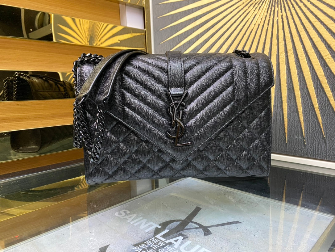 Saint Laurent Medium College Bag in Black Mixed Quilted Leather with Black Hardware
