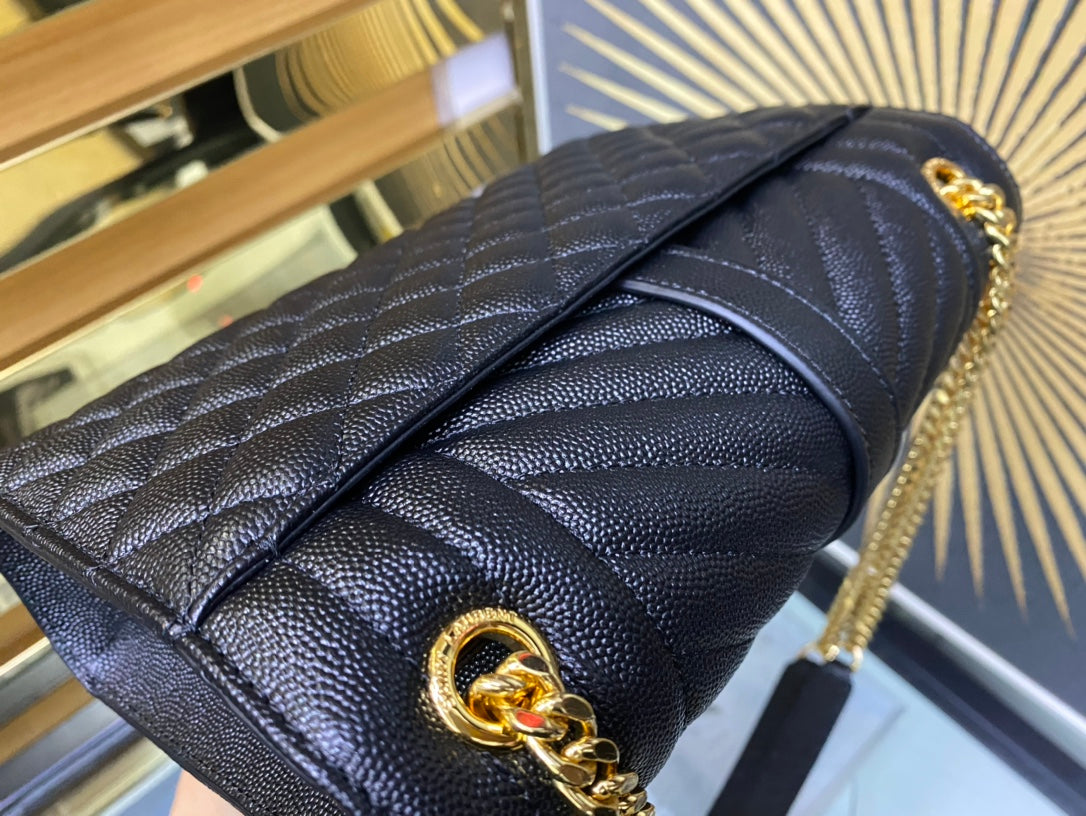 Saint Laurent Medium Envelope Bag in Mix Matelassé Grain de Poudre Leather - Black