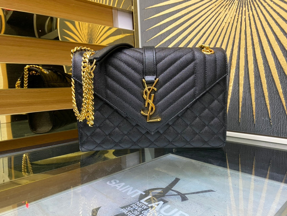 Saint Laurent Medium Envelope Bag in Mix Matelassé Grain de Poudre Leather - Black