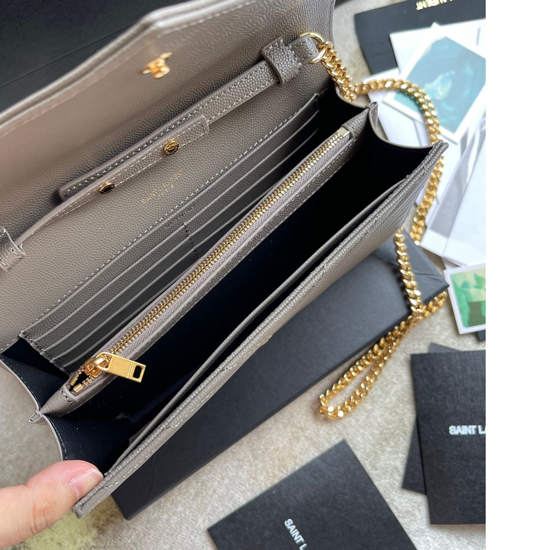 Saint Laurent Cassandre Matelassé Chain Wallet in Quilted Leather - Grey