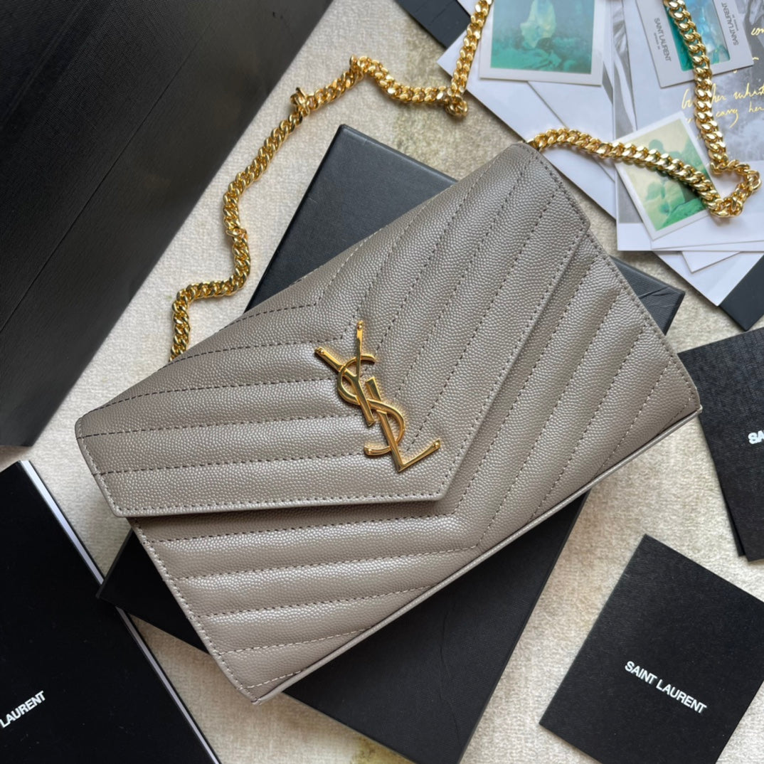 Saint Laurent Cassandre Matelassé Chain Wallet in Quilted Leather - Grey