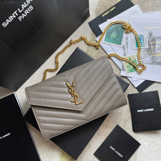 Saint Laurent Cassandre Matelassé Chain Wallet in Quilted Leather - Grey